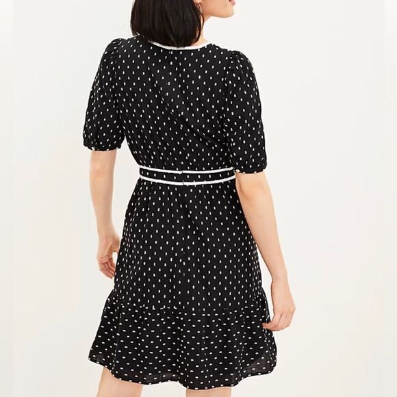 LOFT Black White Dot Cottagecore Short Sleeve Flounce Dress NEW with Tags - Picture 2 of 15